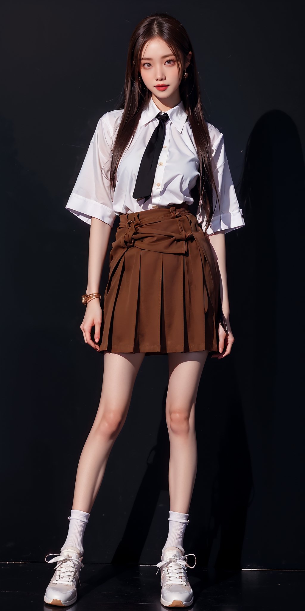 (best quality), ((masterpiece)), (highres), illustration, original, extremely detailed, (二次元大系·御姐篇_V1.0:0.7)zlqs, 1girl, skirt, solo, shoes, full body, white background, school uniform, brown hair, black skirt, simple background, smile, looking at viewer, jewelry, pleated skirt, clothes around waist, short sleeves, breasts, standing, sneakers, white shirt, bracelet, ponytail, shirt, serafuku, neckerchief, sailor collar, bangs, large breasts, socks, purple eyes, jacket, closed mouth, black sailor collar, sweater ,Realism