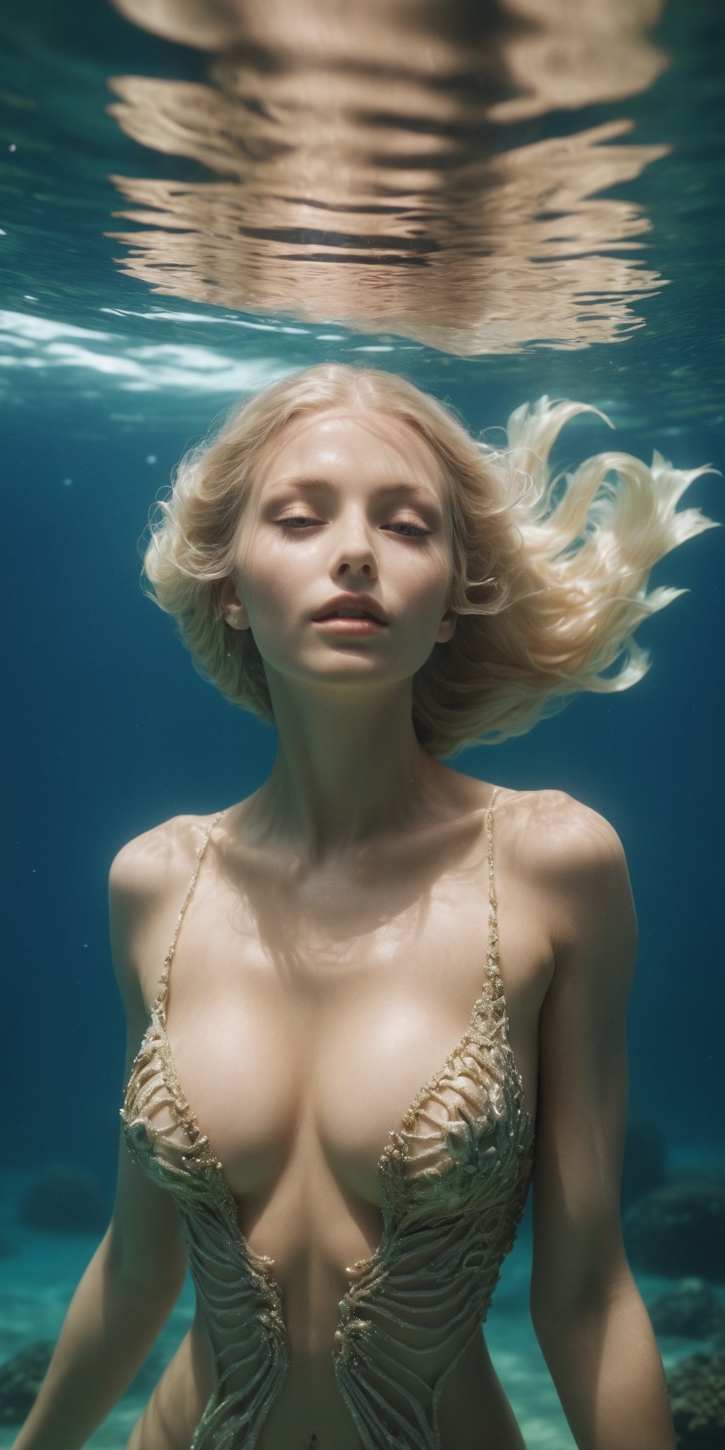 High resolution photography underwater in the ocean, radient sexy skinny mermaid long blond hair large breasts; 8k, intricate detail, photorealistic, realistic light, wide angle, kinkfolk photography, A+D architecture