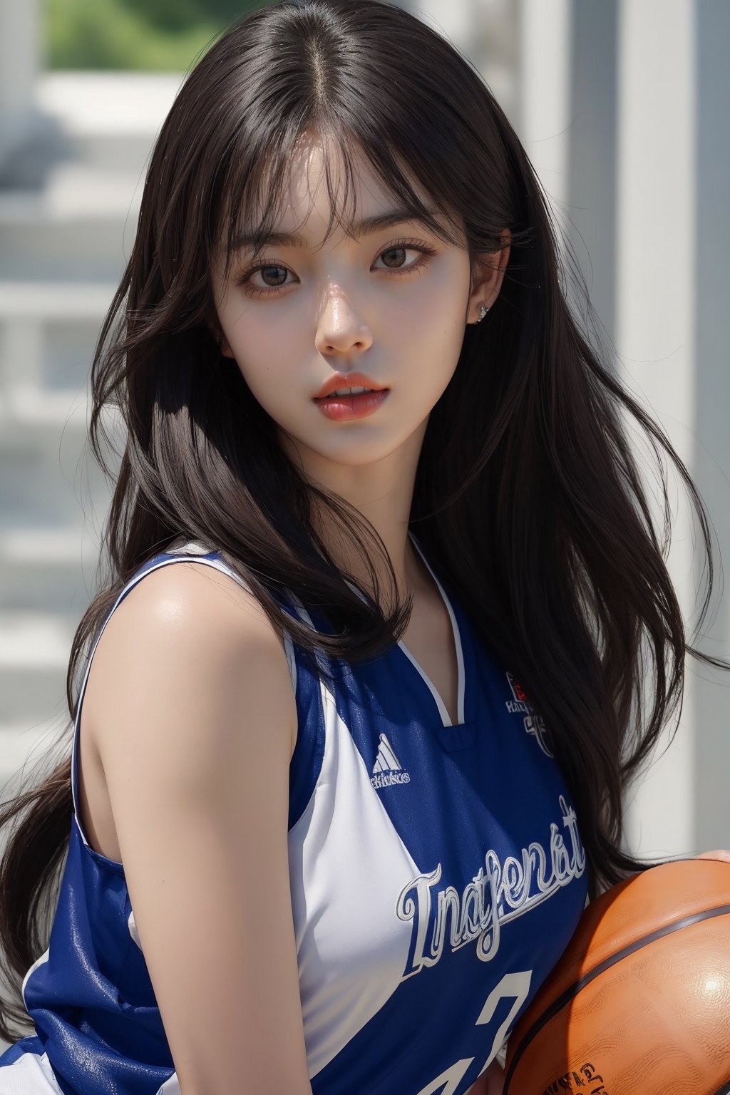 masterpiece, best quality, highly detailed, long hair, photorealistic, breasts, basketball outfit