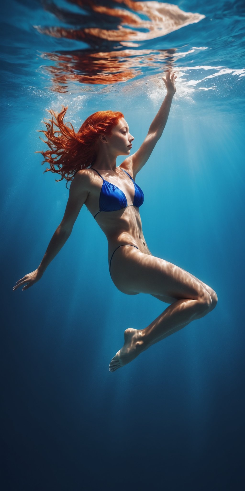 A beautiful red hair girl is diving in the blue water, her graceful figure and the light and shadow of the water waves, whole body, great details, realistic, photo fusion. photo sfx 