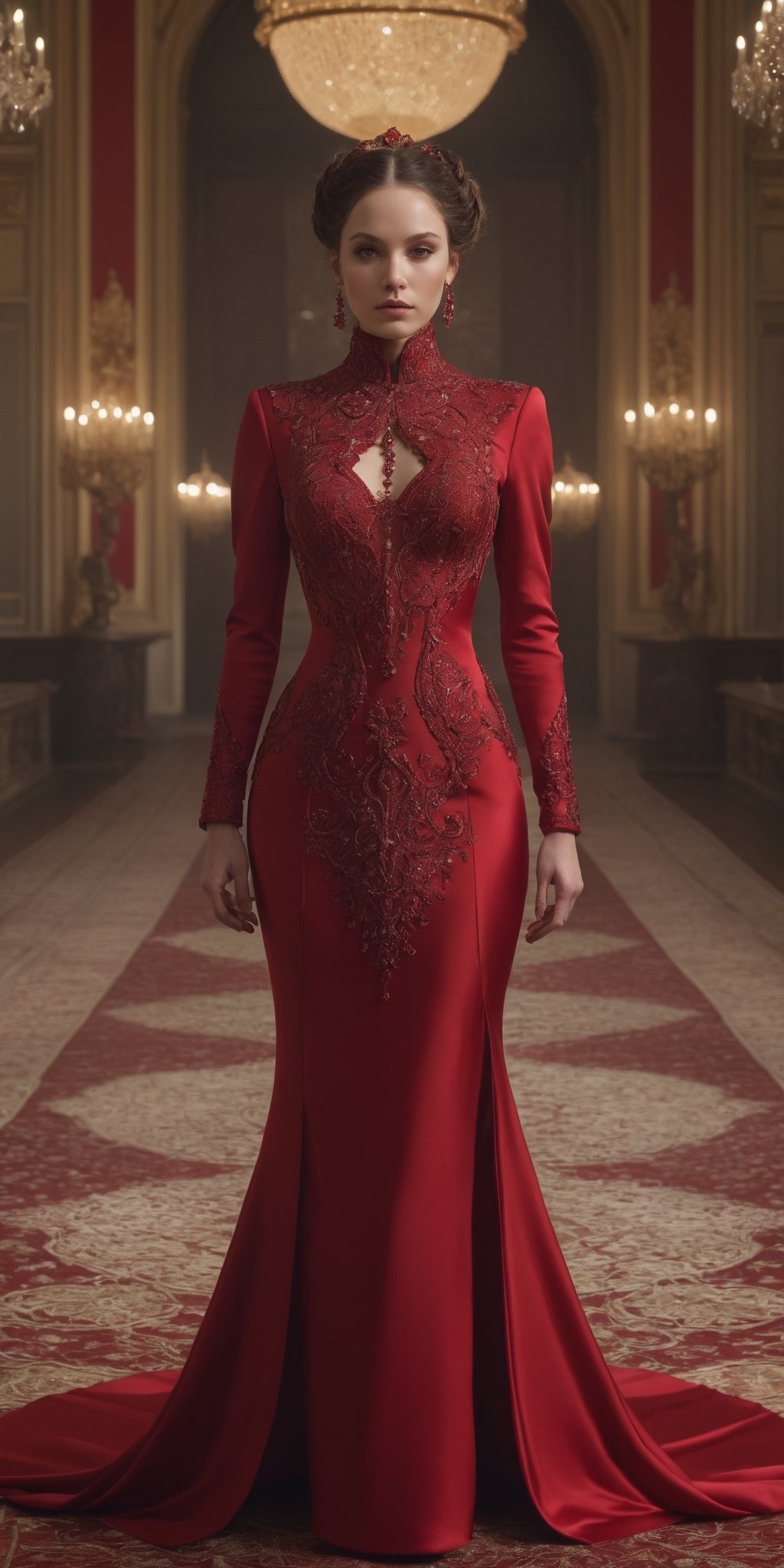 gorgeous woman in red dress made with rubies and sparkling diamonds with intricate details, fashion dress, soft silk, detailed texture, brocade, fashion show, beauty face, Sci-fi Victorian room, great hall, turtleneck dress, wedding photography, bridal gown, full body, symmetrical, octane render, highly detailed, peter Mohrbacher, ultra realistic, cinematic lighting, 8k, 4k, --ar 1:2 --no fingers --no hands