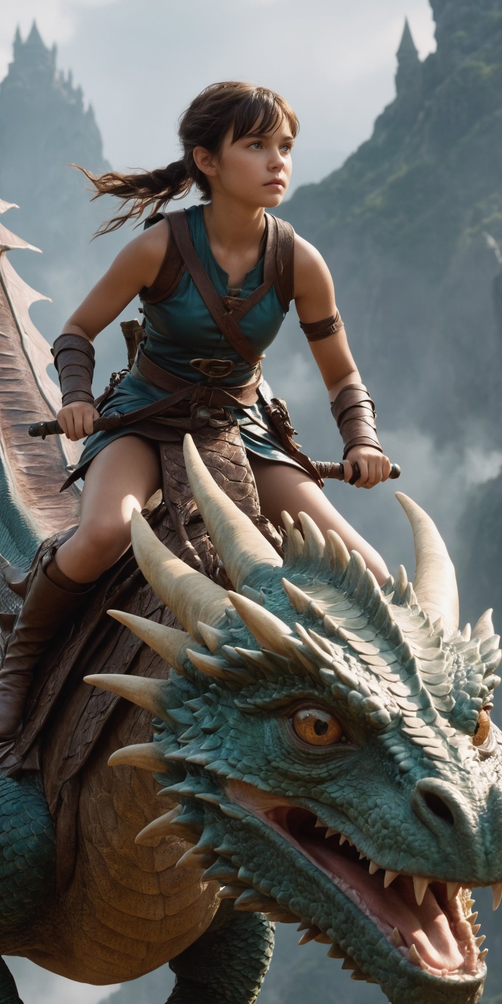 masterpiece, award winning, best quality, high quality, extremely detailed, cinematic shot, 1girl, adventurer, riding on a dragon, fantasy theme, HD, 64K
