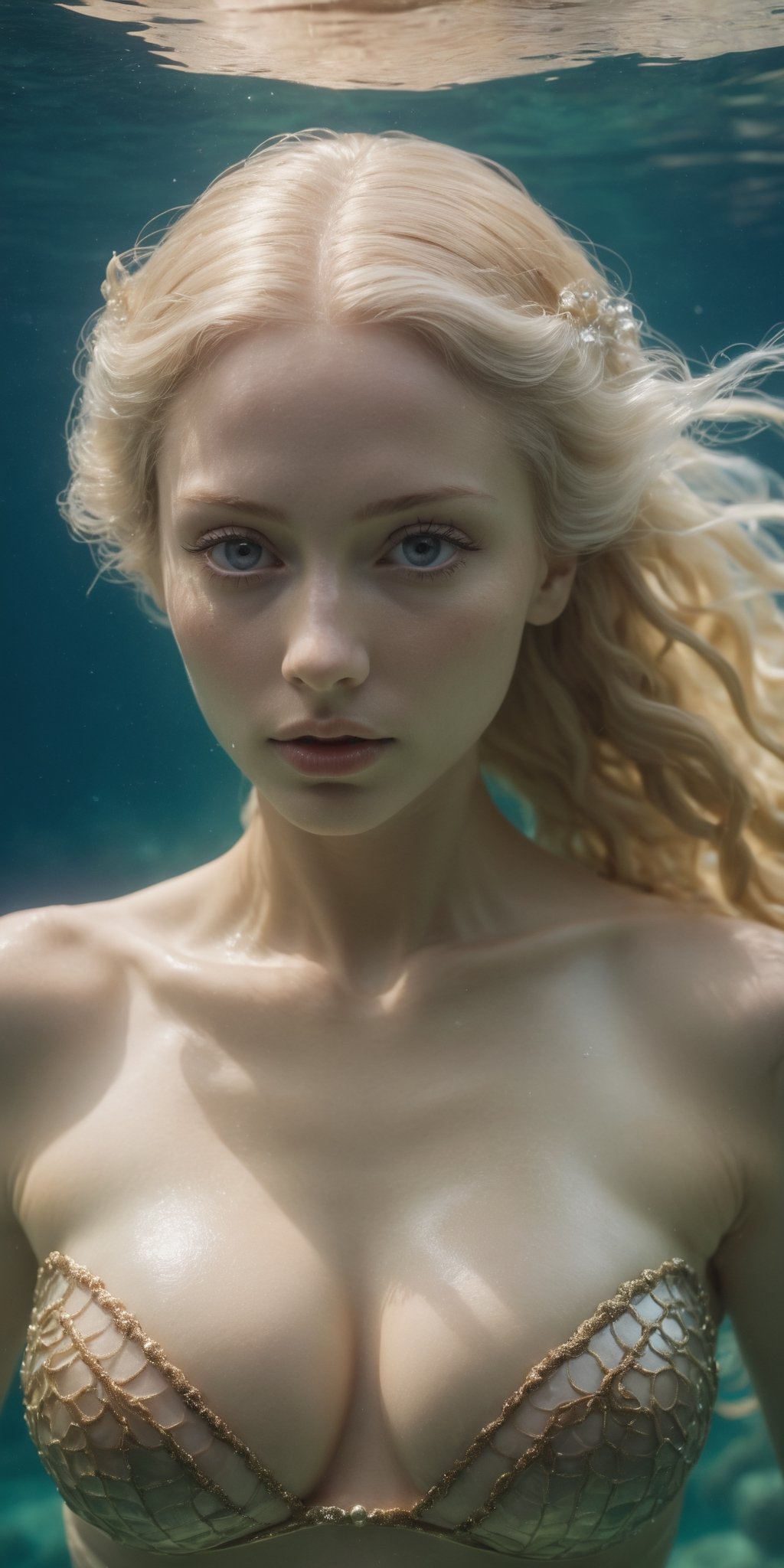 High resolution photography underwater in the ocean, radient sexy skinny mermaid long blond hair large breasts; 8k, intricate detail, photorealistic, realistic light, wide angle, kinkfolk photography, A+D architecture