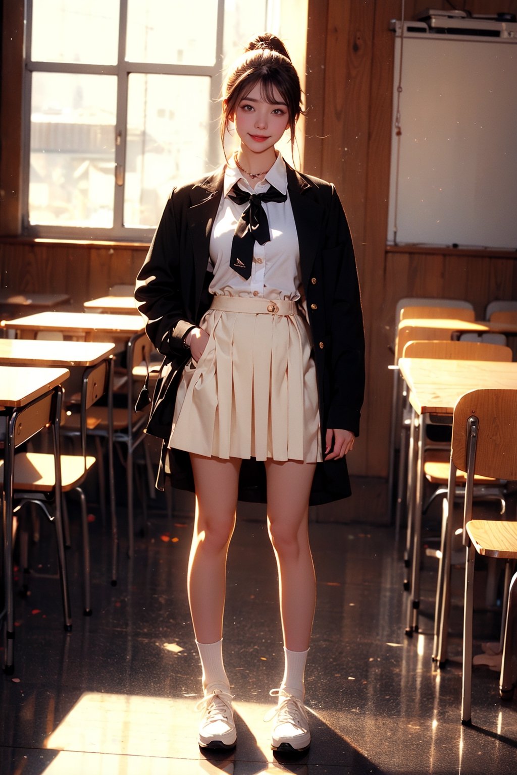 (best quality)), illustration, original, extremely detailed, 1girl, solo, full body, classroom background, school uniform, brown hair, black skirt, smile, looking at reviewer clothes , breasts, standing, sneakers, white shirt, bracelet, ponytail, shirt, serafuku, neckerchief, sailor collar, bangs, socks, purple eyes, jacket, closed mouth, black sailor collar,Realism