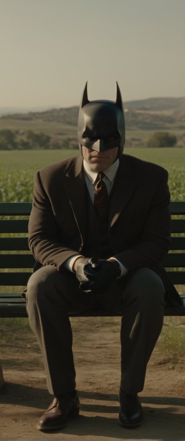 Countryside gentleman batman shot by sofia coppola, staring at camera, sitting on a bench::Cinematic light, extremely detailed