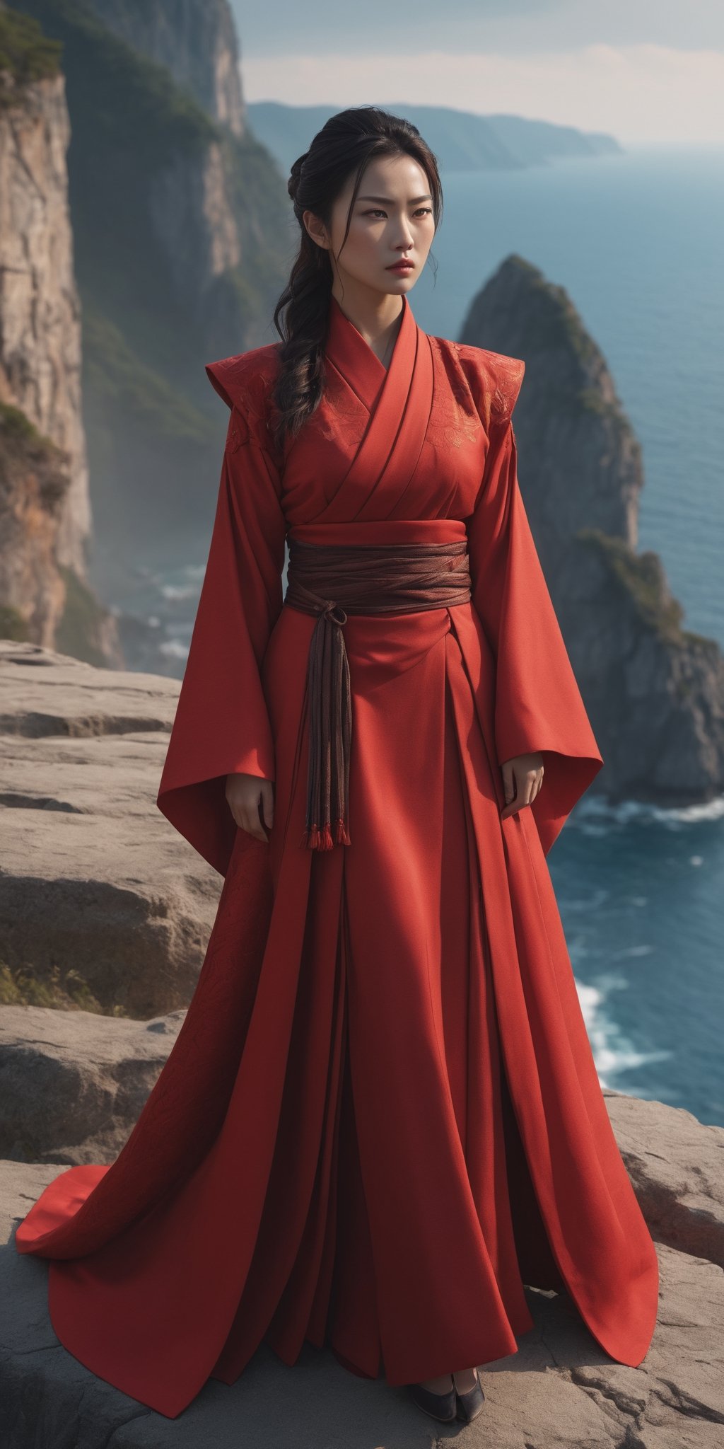  hyper-realistically drawn fantasy japan china asia long dress costumes, beautiful female assassin standing on the edge of a cliff, picturesque seaside cliffs, Red and light red, symbolism, detailed carvings, strong facial expressions, complex style, comic shots soft light, shallow depth of field, sharp focus, surrealism, cinematic lighting, realism, film, film quality rendering. 