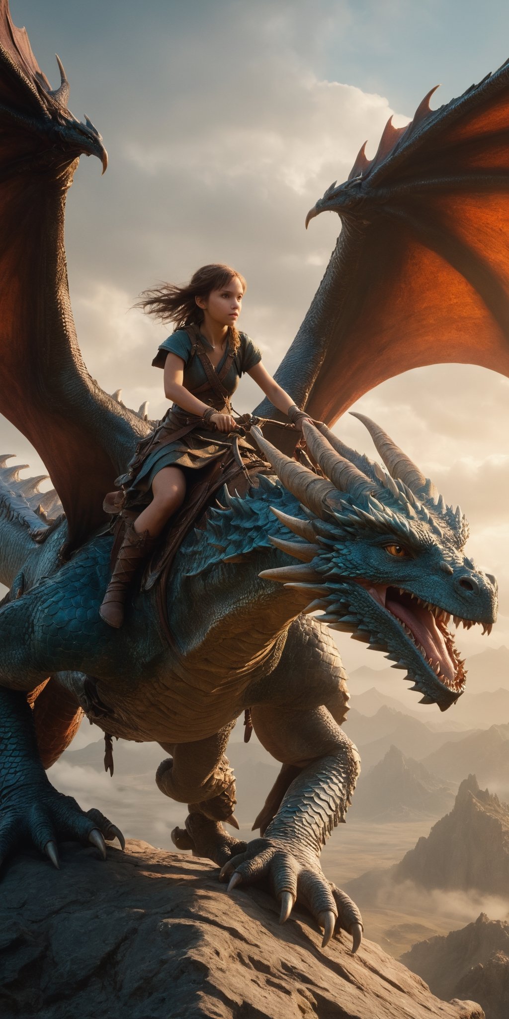 masterpiece, award winning, best quality, high quality, extremely detailed, cinematic shot, 1girl, adventurer, riding on a dragon, fantasy theme, HD, 64K
