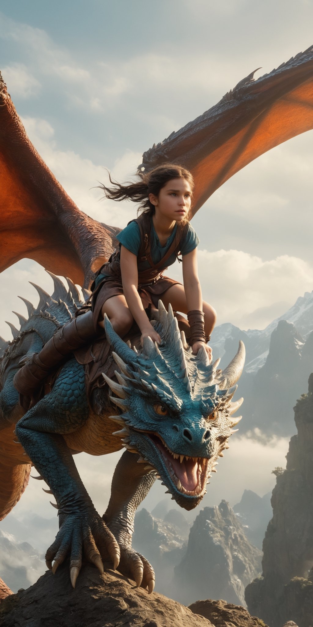 masterpiece, award winning, best quality, high quality, extremely detailed, cinematic shot, 1girl, adventurer, riding on a dragon, fantasy theme, HD, 64K
