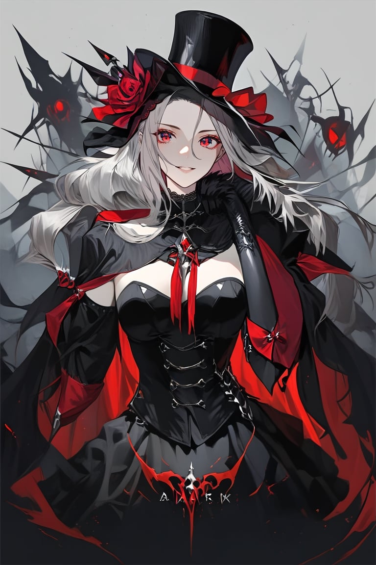 woman
top hat
Gray hair, red eyes, black suit (like Alastor)
1 red and black glove sleeve
2 arm gloves, black and red
Demonic Eye has a scar on the left side of his face.
Smiling threateningly
glasses,portrait,1girl ,(full body),Character design