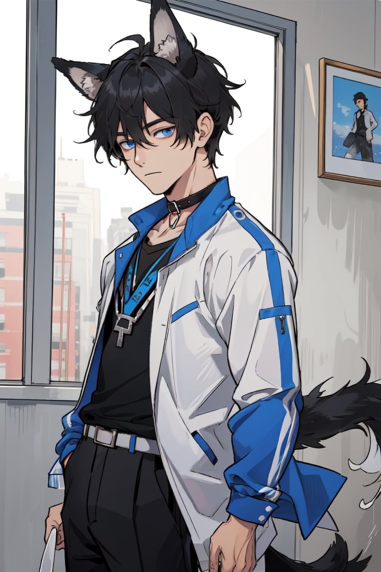 best quality, 1boy, solo_male, dog_ears, dog_tail, long_sleeve, dog_collar, black_hair, messy_hair, blue_eyes, folded_dog_ears, 