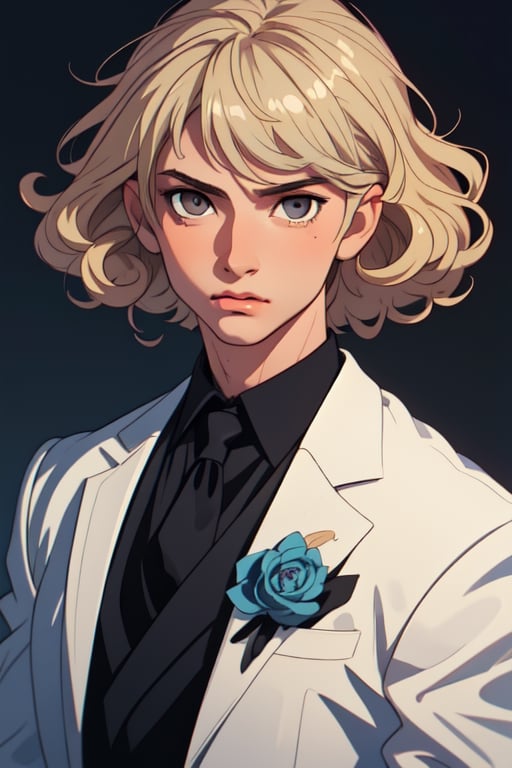 (best quality, masterpiece), 1boy, formal, abstract, looking at viewer, masculine, marble pattern, curly blonde hair, medium lenght hair, gray eyes, black blazer