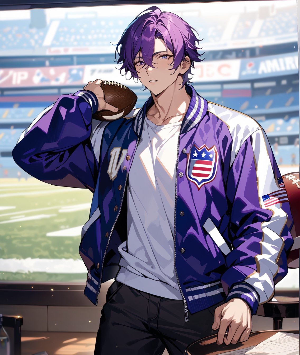 masterpiece, best illustration, detailed 8K,male focus,hair between eyes, masterpiece, (best quality:1.3),best illustration,extremely detailed 8K wallpaper,  1boy, anime,sexy, male, purple hair, american football, varsity jacket