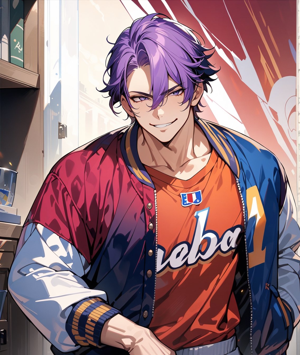 masterpiece, best illustration, detailed 8K,male focus,hair between eyes, masterpiece, (best quality:1.3),best illustration,extremely detailed 8K wallpaper,  1boy, anime,sexy, male, purple hair, american football, varsity jacket, crop top, smirk