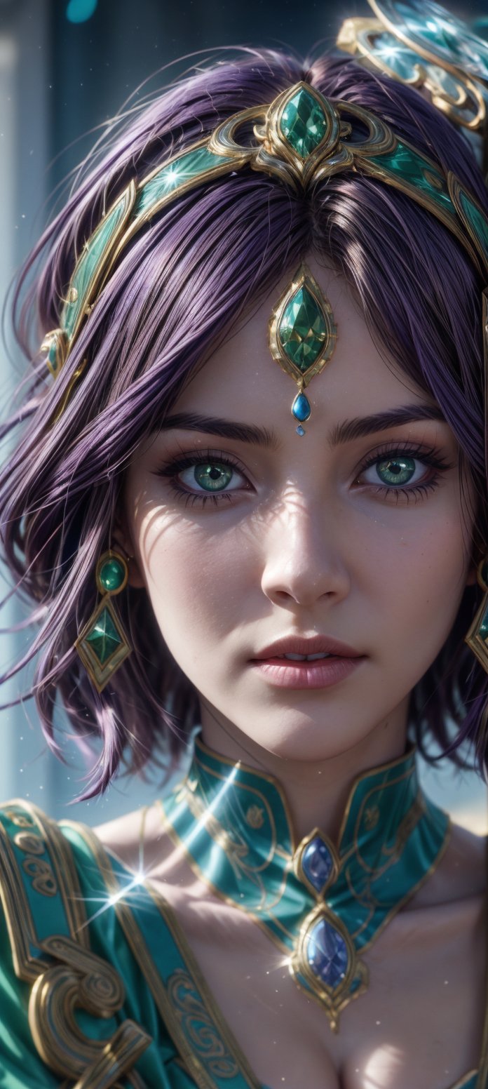 High quality, masterpiece, exquisite facial features, exquisite hair, exquisite eyes, gradient colored hair, 4K quality, gorgeous light and shadow, Tyndall effect, halo, messy hair, young state, gorgeous scenes,1 girl, green_eyes, , short_hair, dark_purple_hair, hair_ornament, jewels,OceanGoddess, looking_at_viewer, face_forward,