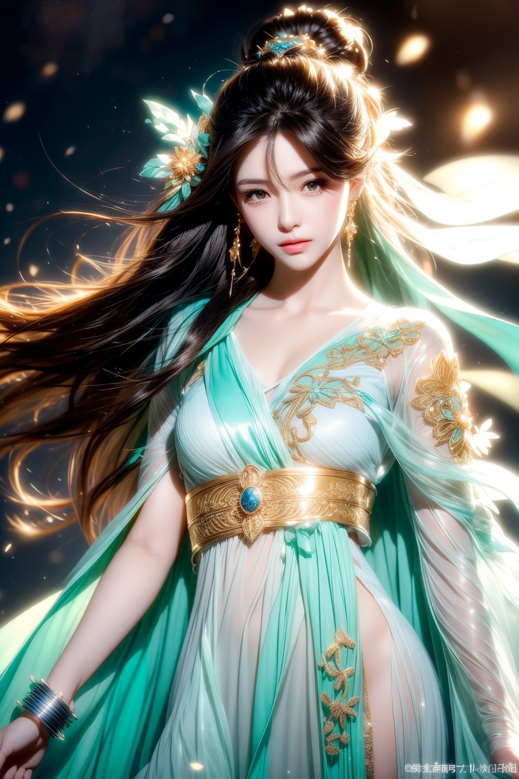 The background is midnight sky,big blue moon,dark night,snow blowing,16 yo, 1 girl,sword,halo,shining bracelet,beautiful hanfu(white, transparent),cape, cloth blowing in wind, solo, {beautiful and detailed eyes}, calm expression, natural and soft light, delicate facial features, cute japanese idol, very small earrings, ((model pose)), Glamor body type, (dark hair:1.2),  beehive,big bun,very_long_hair, hair past hip, curly hair, flim grain, realhands, masterpiece, Best Quality, photorealistic, ultra-detailed, finely detailed, high resolution, perfect dynamic composition, beautiful detailed eyes, eye smile, ((nervous and embarrassed)), sharp-focus, full_body, sexy pose,cowboy_shot,ruanyi0060,yae_miko(genshin impact),Caligraphy,qinghua,ruanyi0018