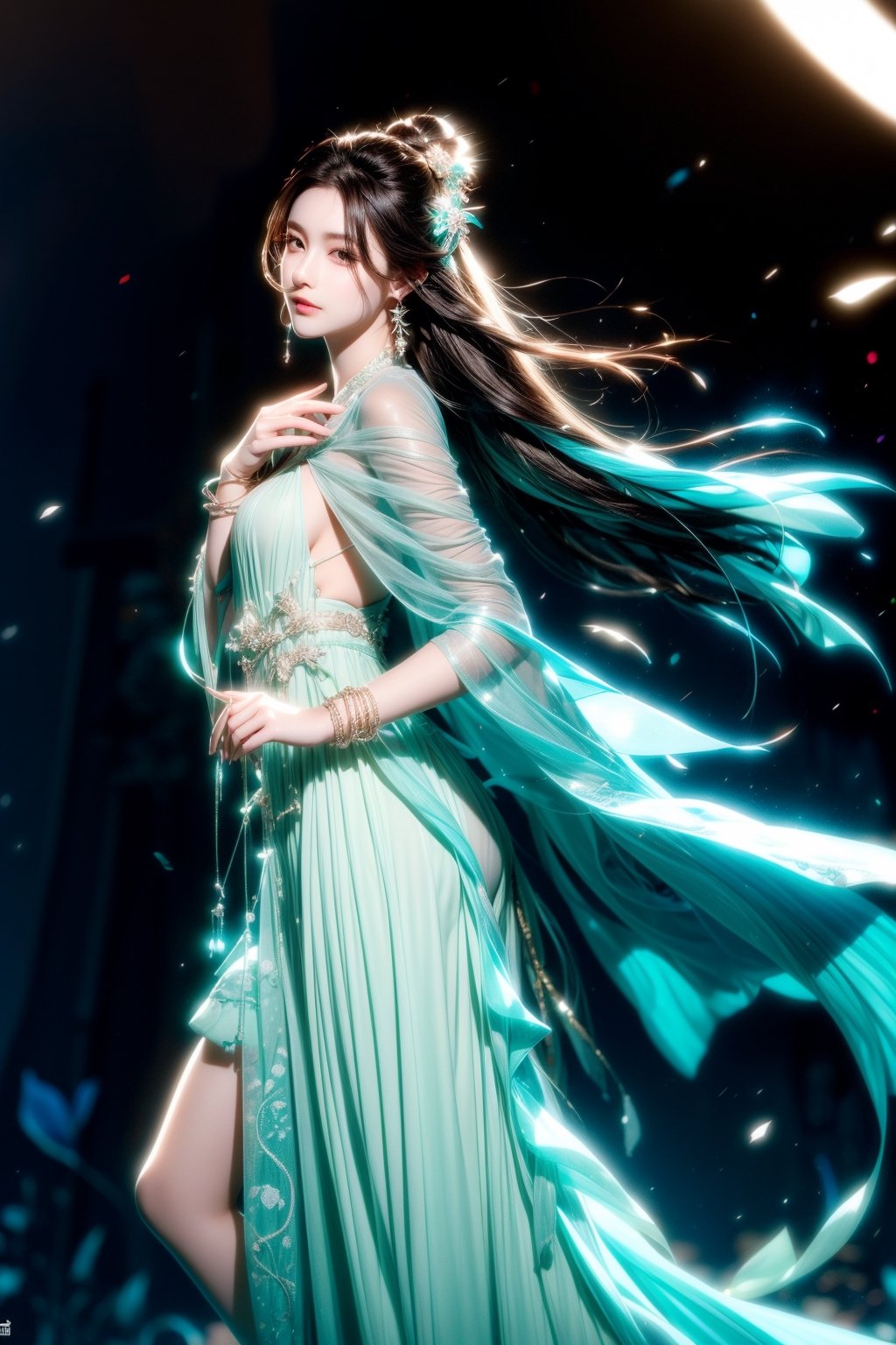 The background is midnight sky,big blue moon,dark night,snow blowing,16 yo, 1 girl,sword,halo,shining bracelet,beautiful hanfu(white, transparent),cape, cloth blowing in wind, solo, {beautiful and detailed eyes}, calm expression, natural and soft light, delicate facial features, cute japanese idol, very small earrings, ((model pose)), Glamor body type, (dark hair:1.2),  beehive,big bun,very_long_hair, hair past hip, curly hair, flim grain, realhands, masterpiece, Best Quality, photorealistic, ultra-detailed, finely detailed, high resolution, perfect dynamic composition, beautiful detailed eyes, eye smile, ((nervous and embarrassed)), sharp-focus, full_body, sexy pose,cowboy_shot,ruanyi0060,yae_miko(genshin impact),Caligraphy,qinghua,ruanyi0018