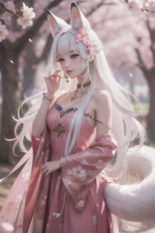 1girl, solo, long hair, hair ornament, dress, animal ears, bare shoulders, jewelry, very long hair, tail, flower, white hair, outdoors, hand up, hair flower, blurry, bracelet, fox ears, blurry background, fox tail, facial mark, cherry blossoms, pink dress