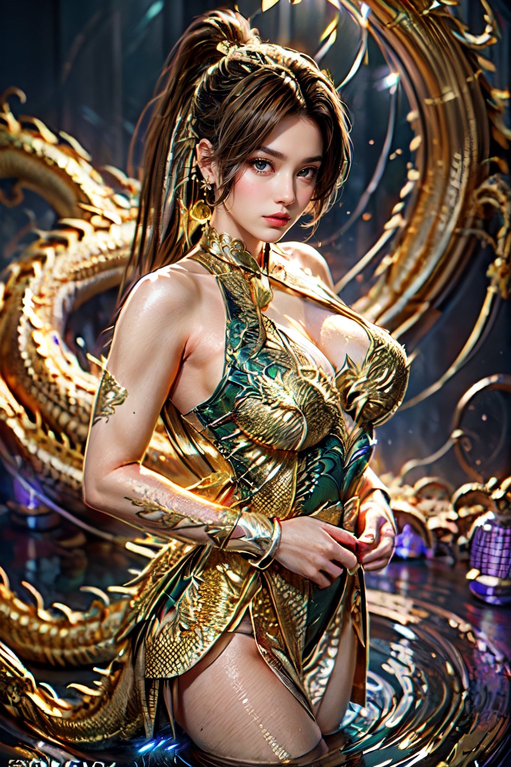 (Absurd, High Resolution, Super Detail) (Masterpiece), (Very Complex: 1.3), (Realistic), Cinematic Lighting, 4K, (Masterpiece), Dreamy, (Golden Dragon Surround: 1.9),
1 girl, (wearing a women's Chinese Taoist robe, sleeveless, showing thighs: 1.9, long hem), light, magic, glittering light swirl, (dragon body Stroking hands: 1.2), Long hair floating in the wind, (from above:1.3), ((8 rising lights:1.9)),white dress,white hair