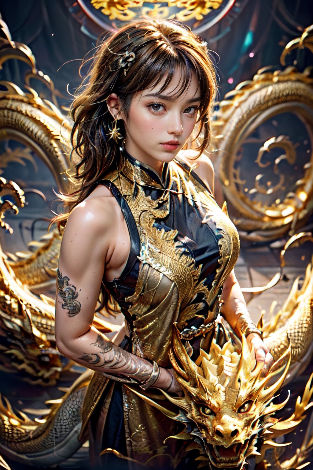 (Absurd, High Resolution, Super Detail) (Masterpiece), (Very Complex: 1.3), (Realistic), Cinematic Lighting, 4K, (Masterpiece), Dreamy, (Golden Dragon Surround: 1.9),
1 girl, (wearing a women's Chinese Taoist robe, sleeveless, showing thighs: 1.9, long hem), light, magic, glittering light swirl, (dragon body Stroking hands: 1.2), Long hair floating in the wind, (from above:1.3), ((8 rising lights:1.9)),black dress,shiranui mai \(cosplay\)