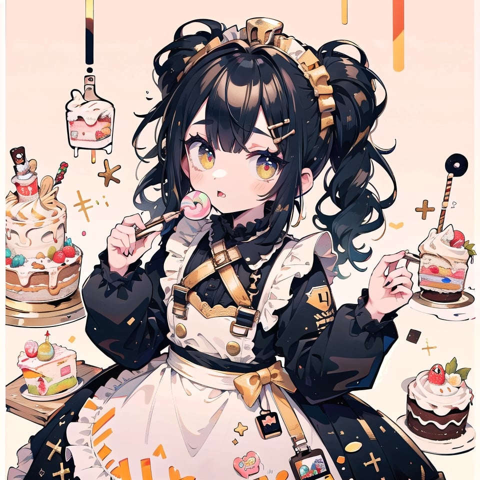 (masterpiece, best quality, highres:1.3), ultra resolution image, 8k, slender, design a cute girl, (Phonk:1.3), girl taking a break, (black-gold hair:1.2), twin ponytails, wearing ((frilled apron, candy and cake dress)), (cross arm), from above, ((upper body, half body:1.3, face focus)),expression design, perfect human anatomy, dynamic, partial version, candy stickers, cake stickers, eyes stickers, 
