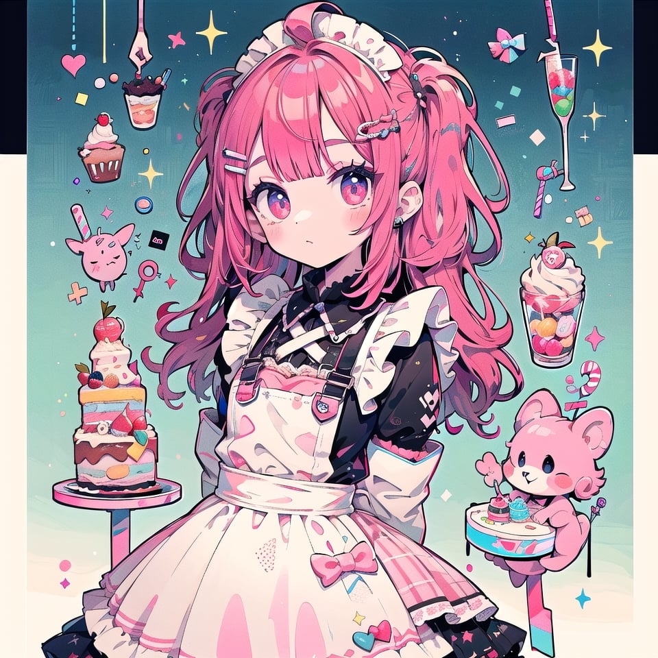 (masterpiece, best quality, highres:1.3), ultra resolution image, 8k, (1girl:1.1), slender, design a cute girl, peace fingers, (Phonk:1.3), girl taking a break, 
(darkred hair:1.2), bob cut, wearing ((frilled apron, candy and cake dress)), (arms behind back:1.3), ((upper body, half body, focus on face:1.3)),expression design, perfect human anatomy, dynamic, partial version, candy stickers, cake stickers, eyes stickers, 
(morning background:1.3),
