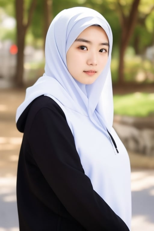 perfect face japanese girl, 20 y.o, beauty,black hijab, wearing white hoodie, big breast,