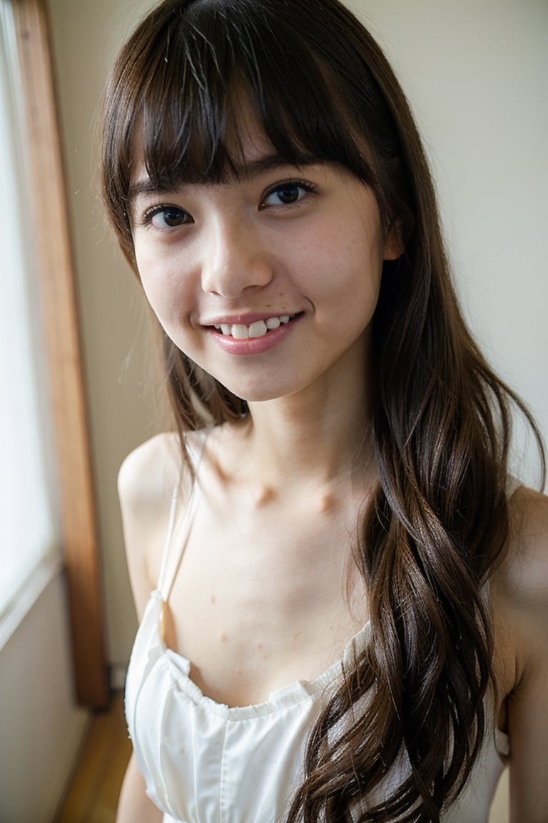 1girl, smile, 18 year, natural skin, wearing a white spaghetti strap slit tanktop,selfie,asuka saito,nogizaka48