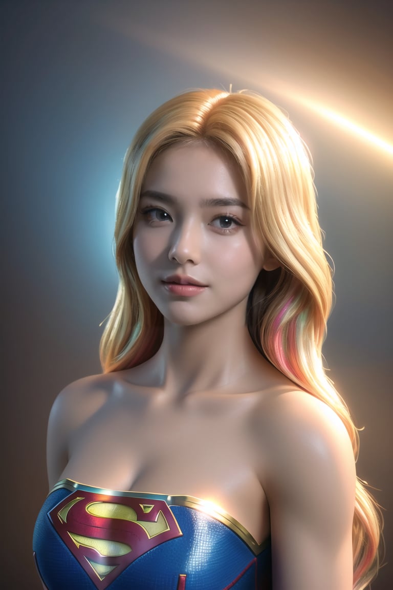 Extremely realistic, best quality, masterpiece, high resolution, high quality, high details, perfect human anatomy, realistic, cute little face and eyes and body and fingers and skin, perfect face and eyes and body and fingers and skin, detailed face plus eyes, body, fingers and skin, 16K, (Masterpiece, best quality, high resolution: 1.2), (photorealism: 1.2), (refined beauty: 1.2), (detail light: 1.2), (soft light, side light, reflected light), (colorful, dynamic angles), (Supergirl), upper body shot, fashion photography of a cute blonde long-haired girl (Supergirl) wearing a high-detailed Supergirl suit, Dynamic poses, bokeh, light through hair, (Abstract Background: 1.3), (Official Art), (Realistic Skin Texture: 1.2), (Sharp),3D