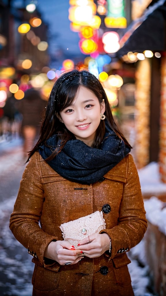 Beautiful and delicate light, (beautiful and delicate eyes), pale skin, big smile, (brown eyes), (black long hair), dreamy, medium chest, woman 1, (front shot), Korean girl, bangs, soft expression, height 170, elegance, bright smile, 8k art photo, realistic concept art, realistic, portrait, necklace, small earrings, handbag, fantasy, jewelry, shyness, skirt, winter down parka, scarf, snowy street, footprints,3D,GIRL