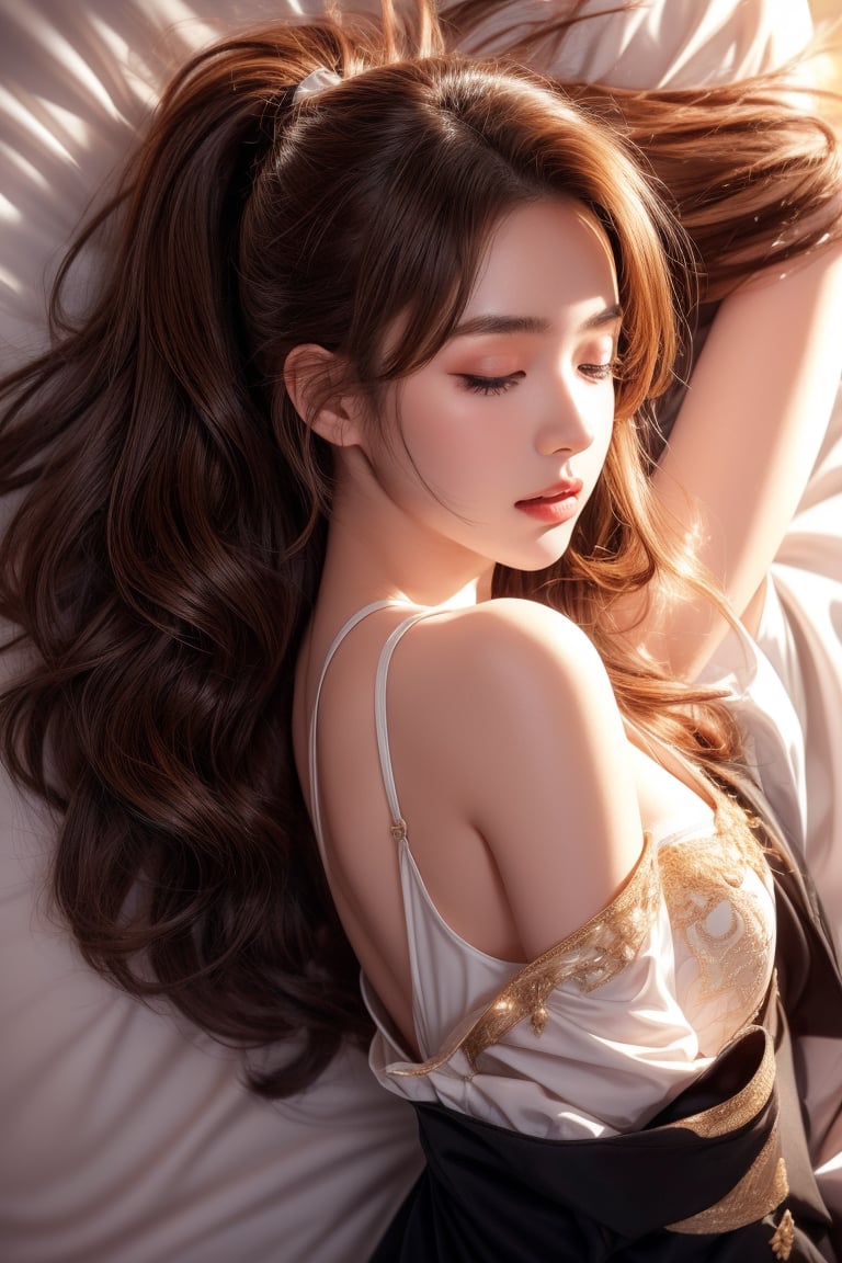 bedroom,18 yo,beautiful,long ponytail,curly hair,dark brown hair, she is lying on her side and asleep in bed,Best Quality, 32k, photorealistic, ultra-detailed, finely detailed, high resolution, perfect dynamic composition, beautiful detailed eyes, sharp-focus, cowboy shot,top view shot,
((girl wear nothing))
