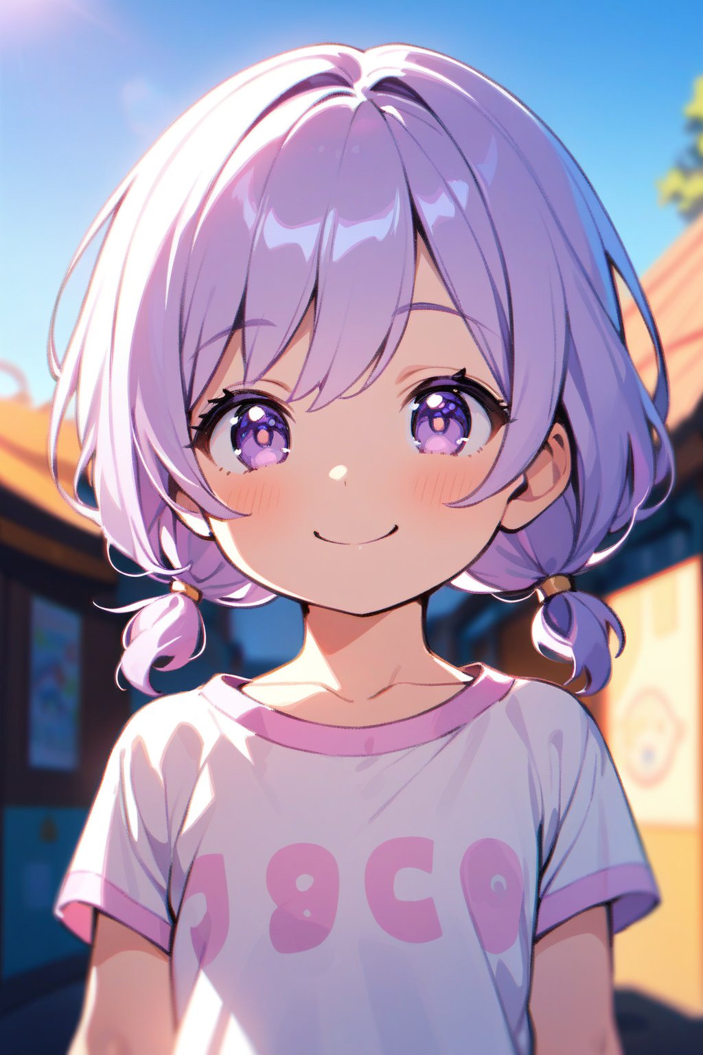 ((friendly)), smiling, detailed background, colorful, cartoon style, happy, outdoors, vibrant colors, soft lighting,
(8k,best quality), (highly detailed beautiful face and eyes),
BREAK ((a child)), solo, ((6 years old girl)), ((little girl:1.3)), ((light purple hair:1.2)), (short hair:1.1), (low twintails:1.1), flat chest, light purple eyes,happy smile, ((cute eyes, ;>, ;d)),
((short sleeve Tshirt)),