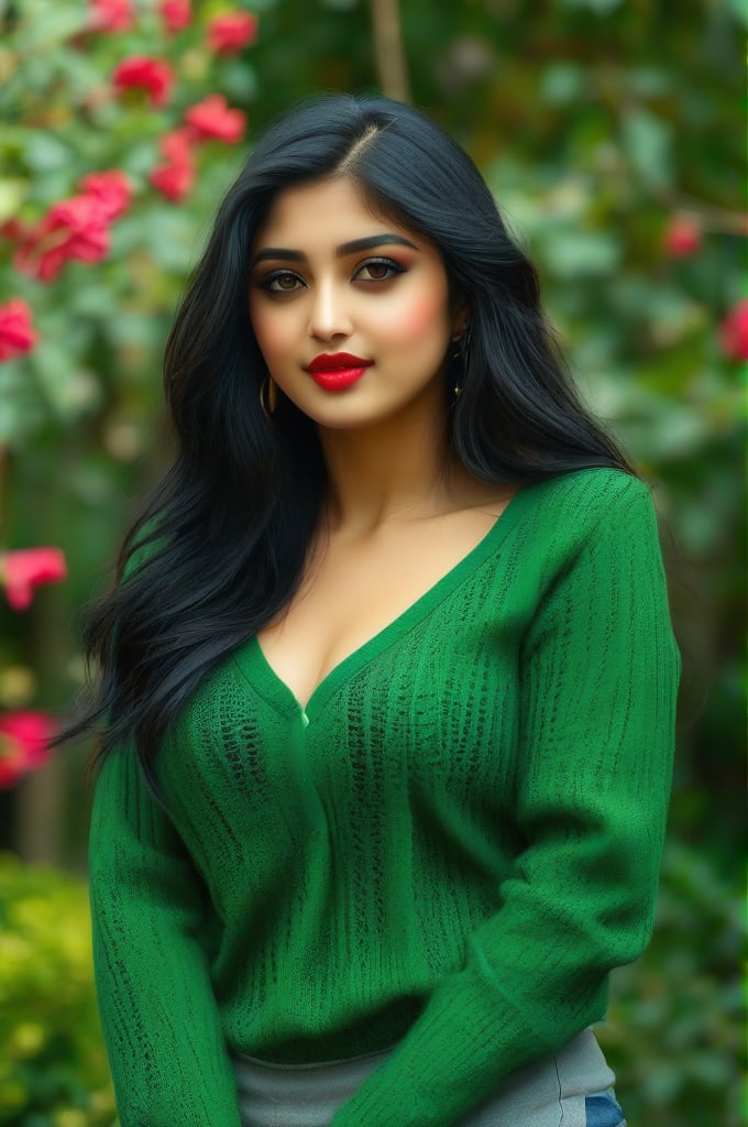 Lovely cute young attractive indian girl, 25 years old, cute model, long black_hair, black hair, They are wearing a green net sweater, and she is in garden, good fit body, large breasts, deep cleavage, red lips 
