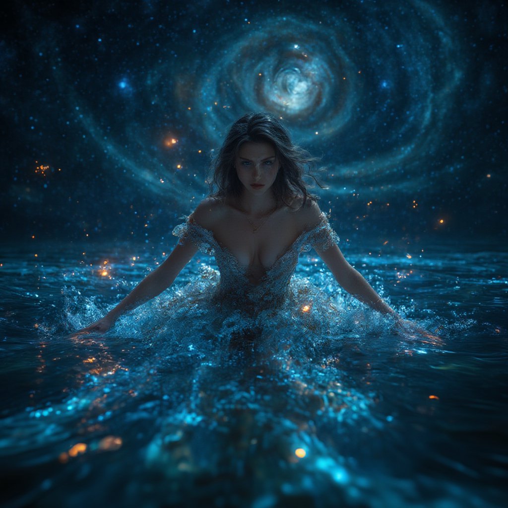 Beautiful Indian goddess, wearing sexy Indian dress, deep cleavage, off shoulder, large green eyes, big breast, natural round boobs, sexy legs, sexy pose , majestically glides into a bioluminescent sea illuminated by a swirling galaxy above. Fireflies dance across the waves, as if welcoming the vessel home. Framed by the starry night sky, this XL 4K ultra-high definition action shot captures the drama of the moment.,noc-futuristic