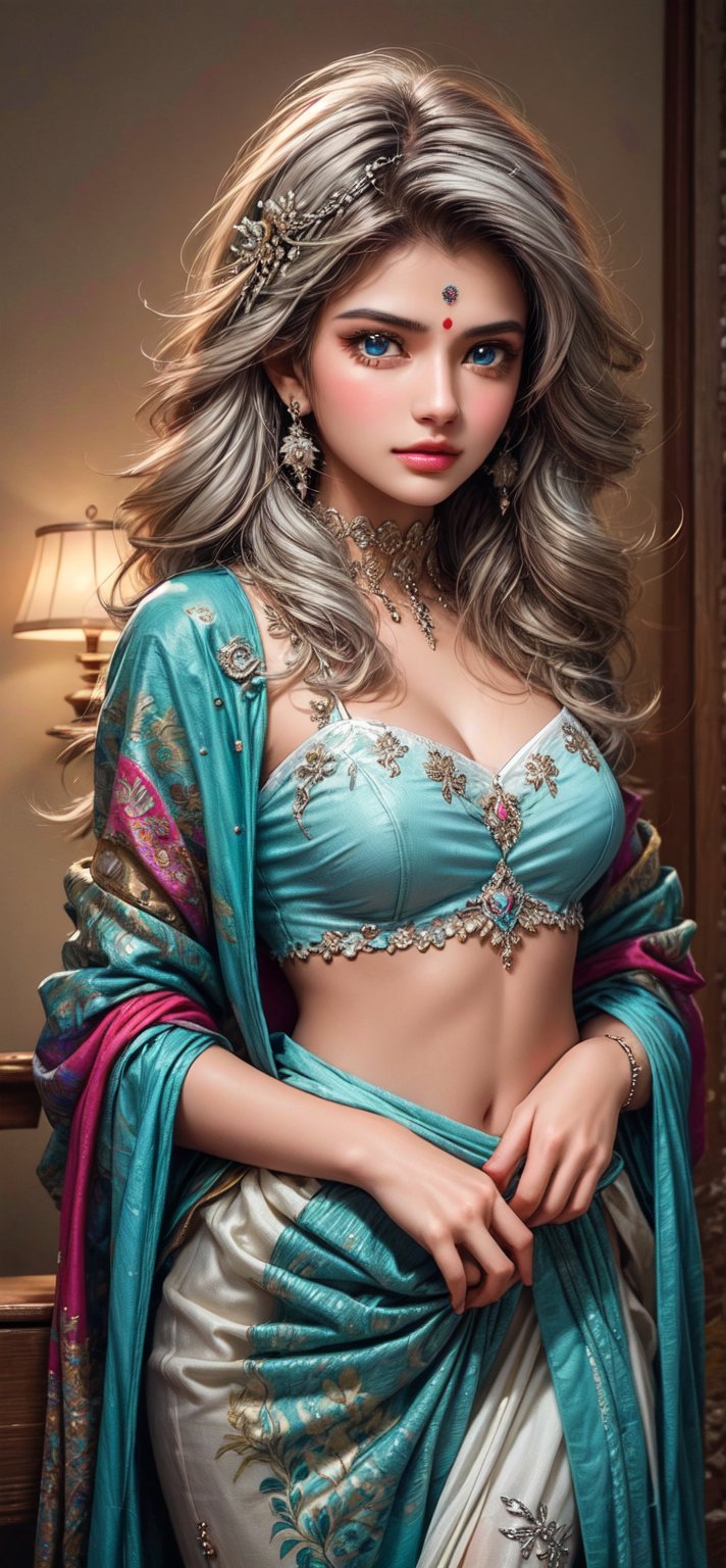 beautiful Indian girl, 23 year old, Imagine an endearing and captivating creature with luminous blue eyes and a transparent body adorned with an array of vibrant colors. Create an image that highlights its enchanting beauty and adorable charm. (1girl: 1.4), (RAW photo, best quality), (real, photo real: 1.1), best quality, masterpiece, beauty and aesthetics, 16K, (HDR: 1.2), high contrast, (vivid colors: 1.3), (Soft Colors, Dull Colors, Soothing Tone: 0), Cinematic Lighting, Ambient Lighting, Side Lighting, Fine Details and Textures, Cinematic Lens, Warm Tone, (Bright and Intense: 1.1), Wide Angle Lens, xm887, Surrealist illustration, Siena's natural proportions, silver hair, dynamic pose, precisely anatomical body and hands, four fingers and a thumb,cool,Indian Model