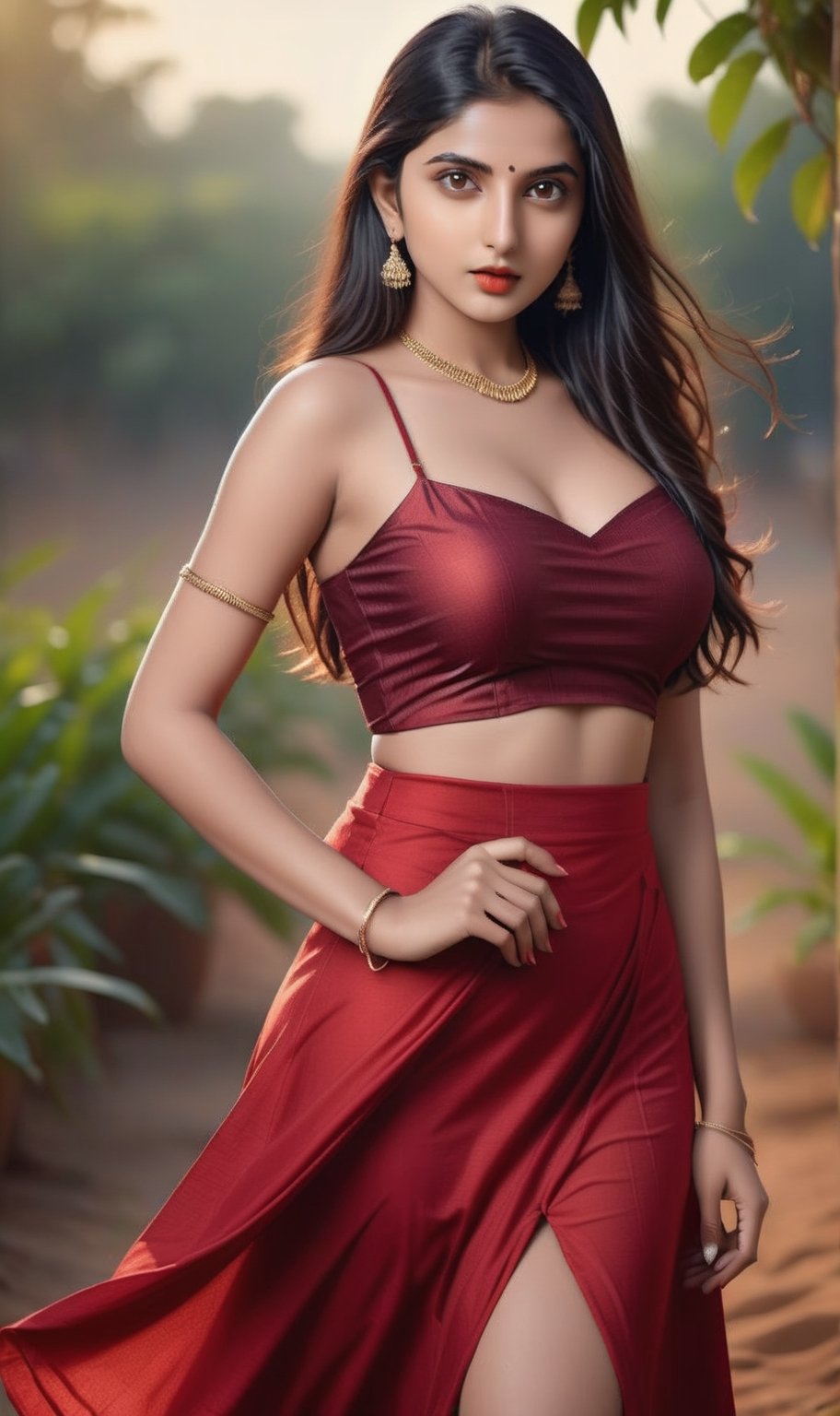 Age: 22
Name: Aanya 
Dress: red skirt dress
Pose: sexy pose
Time: evening 
Background: Natural outdoor setting with shadows
Details: full body, INDIAN girl, Instagram influencer, black long hair, glossy juicy lips, portrait, 1girl, retroartstyle, Character, full body,

photorealistichands,Detailedface, big_boobs, better_hands, bigboobs,big_boobs,better_hands 

