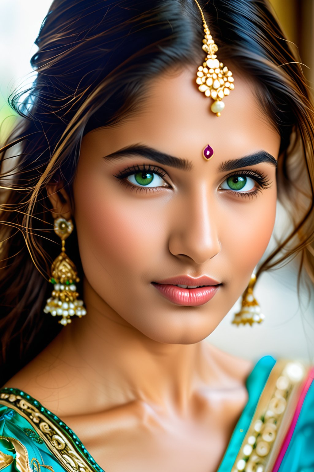 In a mesmerizing vertical portrait, a lovely Indian girl with long hair and lustrous locks poses directly facing the viewer, her bright blue-green eyes sparkling with gentle amusement under delicately defined eyebrows. She wears an exquisite, ornate outfit with intricate details that seem to defy reality. Her toned physique is showcased, highlighting her impressive cleavage and athletic build, as she stands confidently with a subtle smile playing on her lips. The focus is on her stunning facial features, including her flawless skin, expressive eyes, and striking eyelashes, all rendered in meticulous realism with an air of transparency and perfect anatomy.