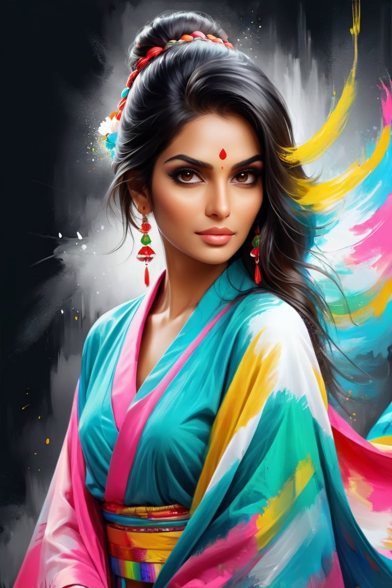 (abstract Indian woman from paint,  (Grizail paint chromatic:1.5),she is wearing  thepink kimono, brush strokes  of color, water colrs, sketch,, textured, black background),aesthetic portrait,see-through,DonMB4nsh33XL ,style,see-through kimono