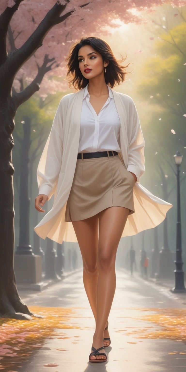 masterpiece, high_res, high quality, 
(medium shot), flat illustration imbued with melancholy and romanticism, beautiful indian young woman walks along a park alley under falling sakura leaves, sunrise lighting, (wind:1.1), 
(outfit \white shirt, beige cardigan, black mini skirt, sandals\:1.5),
(detailed background:2), 
sensual, dramatic, romantic, beautiful, elegant, dreamily,Leonardo Style