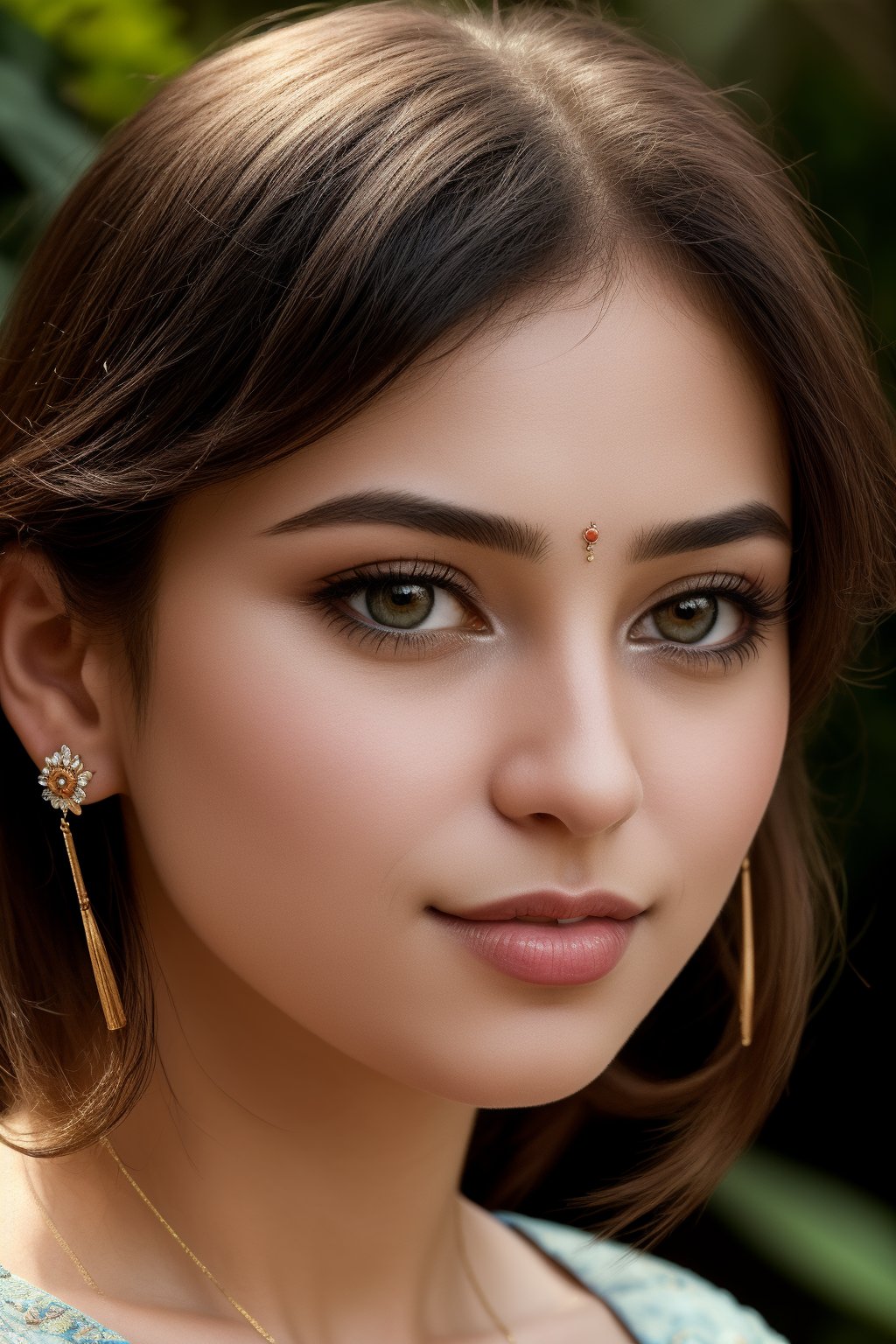 (best quality,4k,8k,highres,masterpiece:1.2),ultra-detailed,(realistic,photorealistic,photo-realistic:1.37),Indian girl with wavy hair, bangs,captivating eye contact,dark theme,pensive expression,dramatically lit,subtle shadows,lush garden background,mysterious atmosphere,ethereal glow,soft focus,fine brush strokes,classic painting style,hint of melancholy,vivid colors,dreamlike,whimsical ambiance,candid pose,attention to hair details,delicate strands of hair,earrings, necklace, realistic skin, realistic eyes, glistening highlights,sophisticated facial features,subtle makeup,gentle smile,alluring charm,captivating gaze,slightly tilted head,hint of wind blowing through her hair,intense yet serene,optical illusion,harmonious composition,highlights and shadows playing with depth,contrast between light and dark,contrast between warm and cool tones,subtle floral motifs,romantic and enchanting