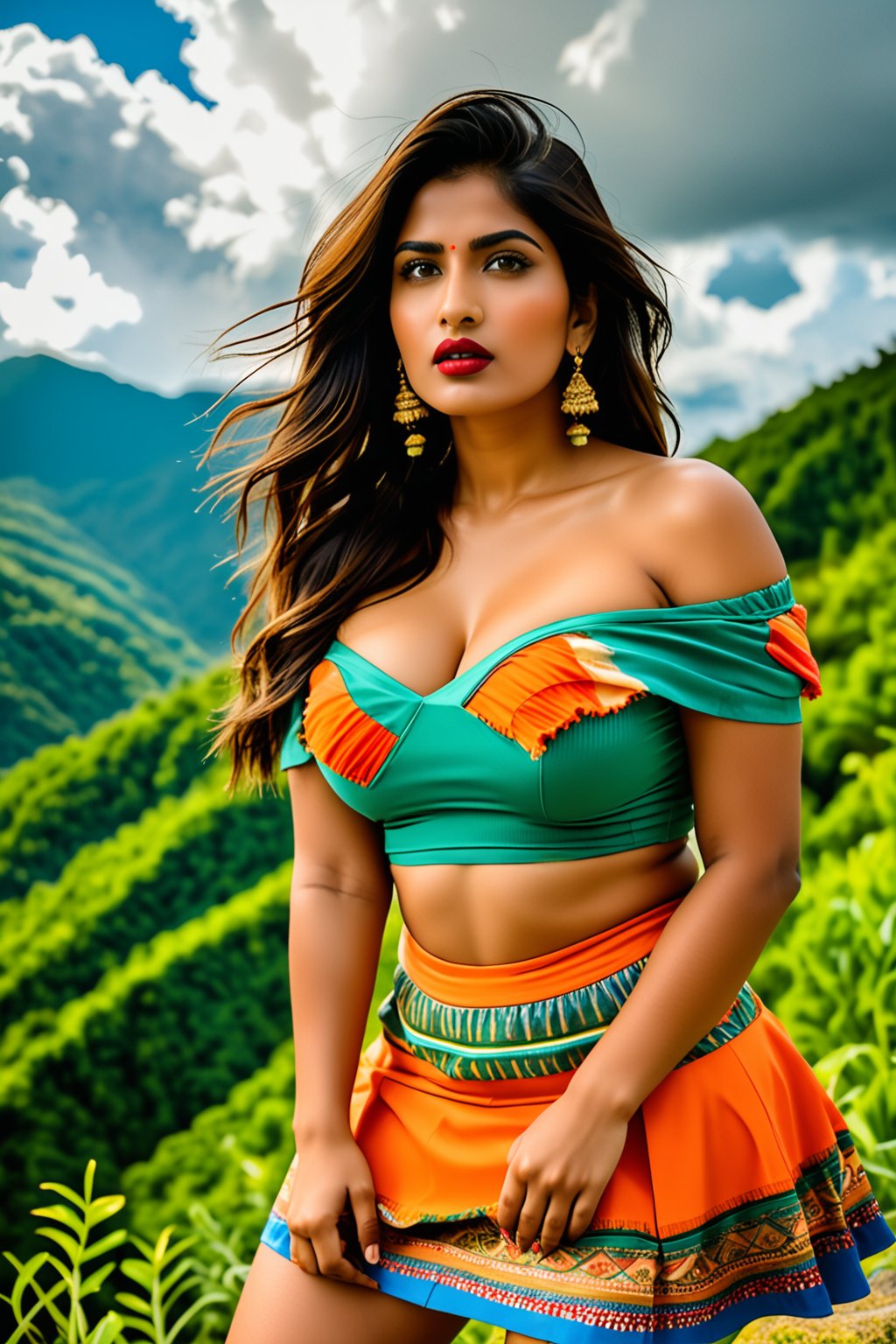 A stunning portrait of a young Indian woman dressed in a vibrant, multicolored distressed tube top and mini skirt, distressed top, orange, and teal. Her long, complementing the intricate design of her outfit. Standing on top of hill, mountain in background, clouds , creating a seamless, mesmerizing effect. The woman's expression is calm and confident, her gaze directed towards the viewer. The overall scene exudes a sense of bold, artistic flair and modern fashion, off shoulder, deep cleavage, large breasts, natural round boobs, red lips, green eyes, looking sexy, Indian Model