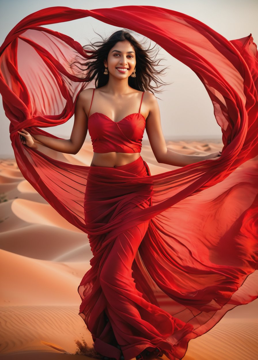 Photo-realistic, Ultra realistic (full body), photo of gorgeous 18 years old indian girl, sexy model, (model pose), (), (covered with huge transparent red fabric floating in the wind), revealing her godess body shape, (seethrough), radiant smile, in heavy wind in a desert,  epic, masterpiece, brilliant composition, (finely detauled expresive eyes and detailed face),Beautiful Indian girl ,Indian Woman,Extremely Realistic,Indian Girl,Insta Model