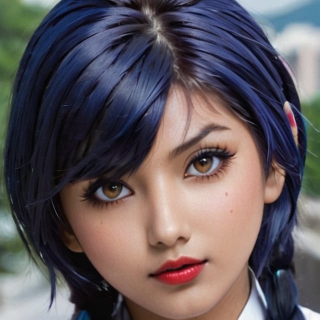 a close up of a indian girl with long hair, hyuga hinata, hyuga hinata from naruto shippuden, from naruto shippuden, as an anime character, perfect anime face, she has dark blue hair with bangs, female anime character, anime character, anime best girl, hime cut hairstyle, dark blue hair, (red glossy lips:1.3), white eyes, byakugan eyes, smile, city background, (beautiful face:1.3)