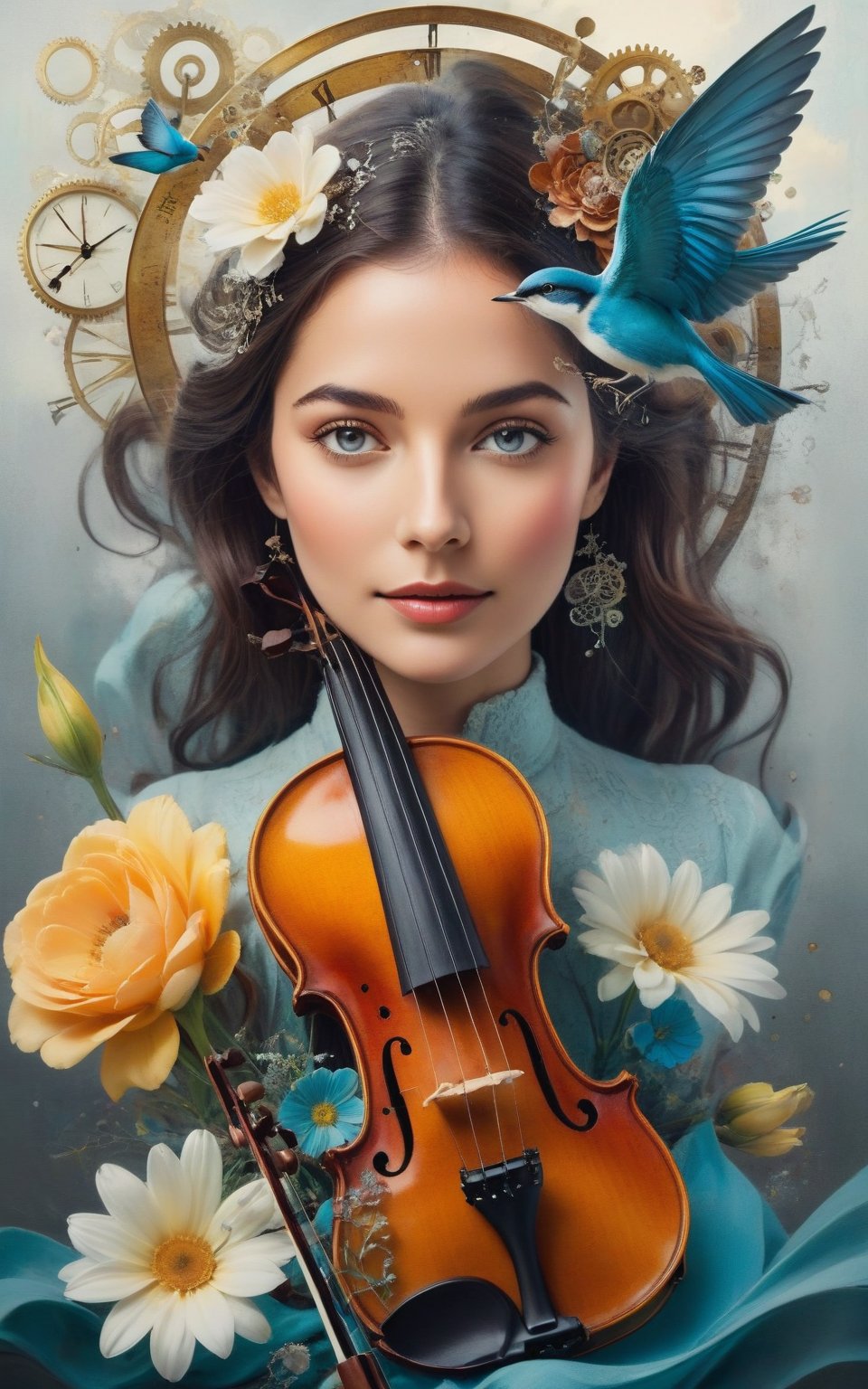 A surreal and artistic digital collage featuring a woman's face. The eyes sparkled brightly. And her face was happy and there was a violin stuck in her head. The layout is vertical. by placing the violin in the middle It protrudes from the top of the head. The woman's skin was pale. Around the violin, there were various elements, including a blue bird perched on the violin, gears, clock parts, and music notes, creating a strange and dreamy atmosphere. There are both real flowers and illustrated flowers. This adds a touch of nature to the composition. The background is gray with a plain texture. It adds a vintage and magical feel to the artwork.