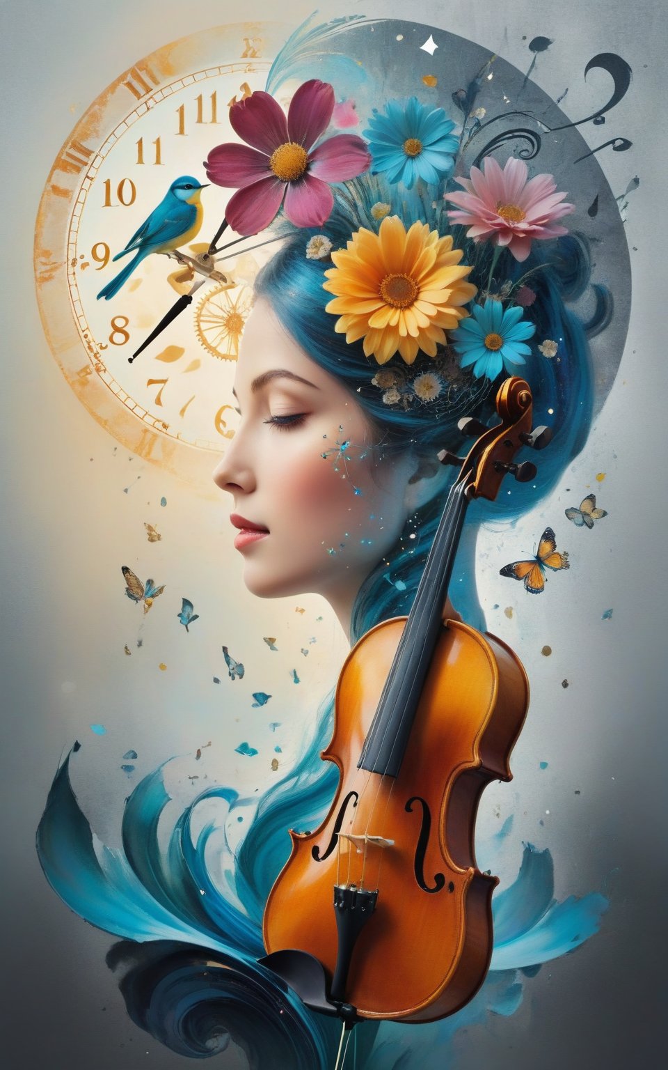 A surreal and artistic digital collage featuring a woman's face. The eyes sparkled brightly. And her face was happy and there was a violin stuck in her head. The layout is vertical. by placing the violin in the middle It protrudes from the top of the head. The woman's skin was pale. Around the violin, there were various elements, including a blue bird perched on the violin, gears, clock parts, and music notes, creating a strange and dreamy atmosphere. There are both real flowers and illustrated flowers. This adds a touch of nature to the composition. The background is gray with a plain texture. It adds a vintage and magical feel to the artwork.