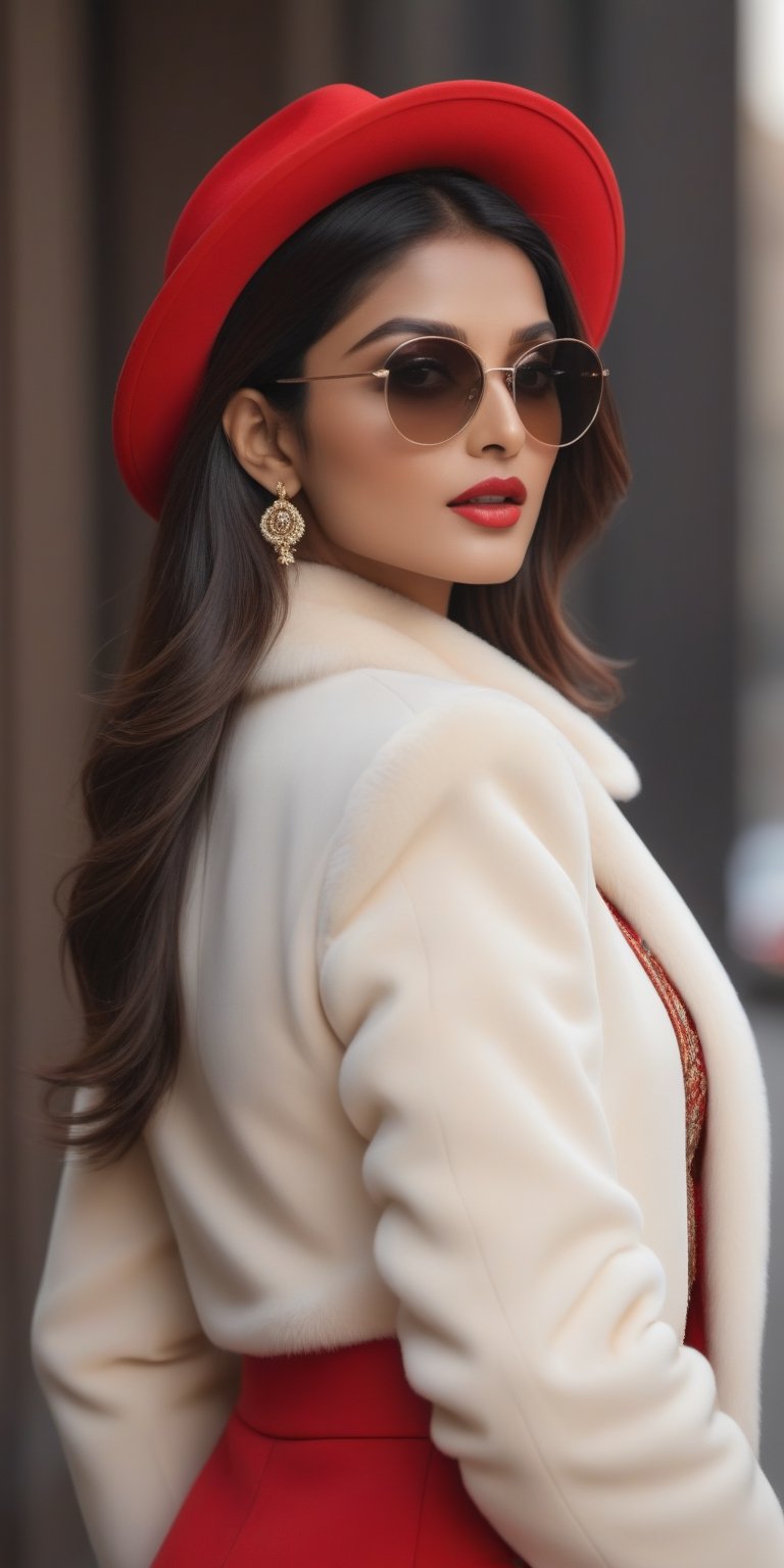 (masterpiece, high quality, 8K, high_res:1.5), photorealism in handpainted style, stylish and elegant, 
fashion photoshot, model pose, 
beautiful indian supermodel, long stylish haircut, red fur suit, naked jacket, jewerly, seductive and aesthetic, hat and sunglasses, office district background,
soffit lighting, sharp focus, trending on fashion magazines, popular in social media, accurase detailes,fflixmj6,Indian Model