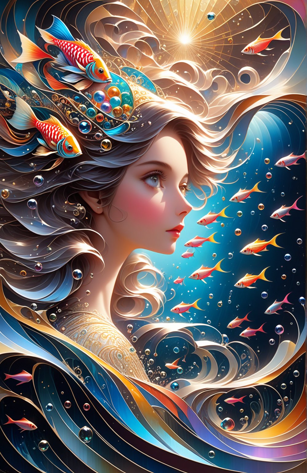 symphony, beautiful female enjoying music, playing with an exotic fish, ((Vibrant depictions of sound wawes)) waves forming music notes, colorful marine creatures, water bubbles, symphony, sweet expression, symphony of waves, sea melodies, surrounded  by waves forming intricate sonic patterns, wide angle, vivid colors, 8k, inspired by Michael Cheval, beautiful eyes, perfect hands, beautiful face + symmetrical face,  highly detailed, intricate complexity, juxtaposing, epic composition, magical atmosphere + masterpiece, perfect hands+five fingers hands, (intricate detail), (super detailed), 8k hdr, high detailed, soft cinematic lighting, atmospheric perspective,ray tracing, underwater world background,ray tracing, perfec teyes, 8K, Film Poster, Her iridescent scales shimmer with a pearlescent glow, perfecteyes, absurdity, Magical Fantasy style,d1p5comp_style