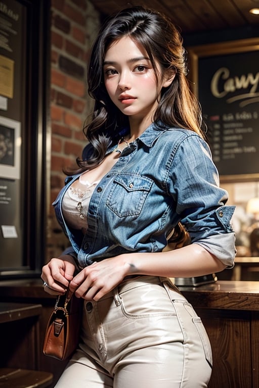 vibrant colors, Indian female, masterpiece, sharp focus, best quality, depth of field, cinematic lighting, ((solo, one woman )), (illustration, 8k CG, extremely detailed), masterpiece, ultra-detailed, solo, ((Cowboy Shot: 1.5)), 1 girl, beautiful korean girl, looking at viewer, 18 yo, over sized eyes, big eyes, smiling, photo of a woman taken by i phone, soft smile, long straight blonde hair, thin nose, high cheek bones, depth of field, coffee shop background, highly detailed, detailed blue eyes,Detailedface