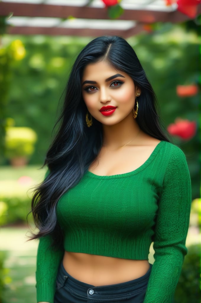 Lovely cute young attractive indian girl, 25 years old, cute model, long black_hair, black hair, They are wearing a green net sweater, and she is in garden, good fit body, large breasts, deep cleavage, red lips 
