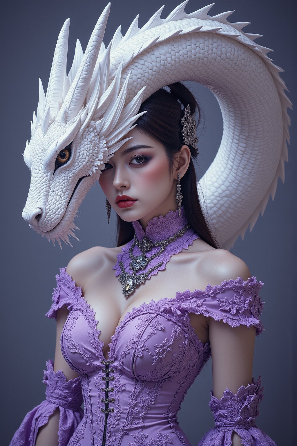 Extreme full body portrait of a Indian woman, piercing eye, wisps of white hair visible, looking at viewer, reflecting the intricate purple lace of her gown and the shimmering scales of a white dragon