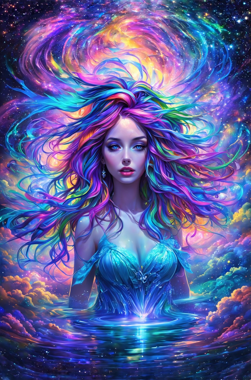 In a dreamlike scenario, a woman with luscious, multicolored locks flows like a river of color around her ethereal face. Her tranquil gaze radiates serenity as she stands amidst a kaleidoscope background, where swirling wisps of clouds, gleaming stars, and shimmering galaxies harmonize in a vibrant tapestry. Delicate, intricate textures dance across the scene, while dynamic lighting casts an otherworldly glow, inviting the viewer to step into this whimsical realm, where reality and fantasy blend in a cartoonish masterpiece.